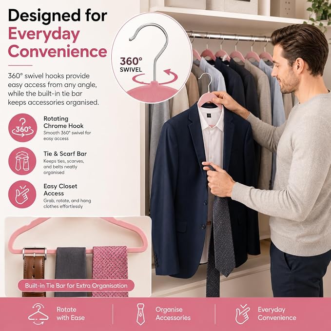 1ABOVE Premium Quality 50 Pack Non-Slip Velvet Hangers (44cm) Heavy Duty Velvet Suit Hangers with Tie Bar, 360° Swivel Hooks – Space Saving, Sturdy to Hold Jacket, Jumper & Pullover(Set of 50-Pink)