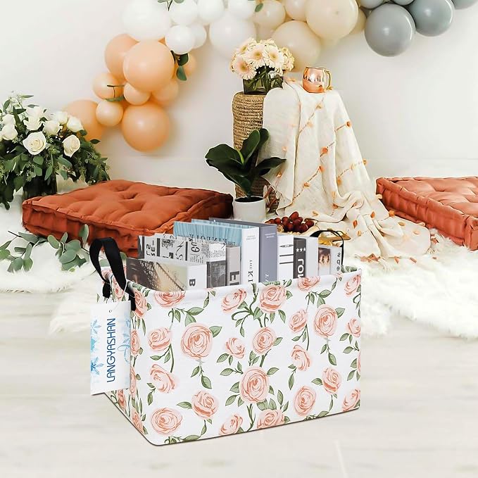 Rectangular Collapsible Champagne Rose Storage Basket Nursery Organizer | Storage Bin Foldable Canvas with Handles for Organizing Home Kitchen Children Toys Office Closet Shelf Baskets