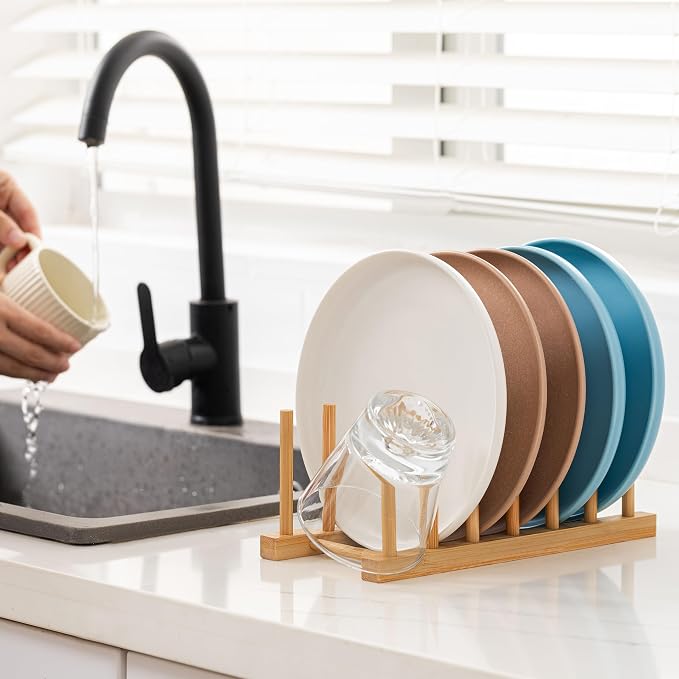 HBlife 4pcs Bamboo Dish Plate Bowl Cup Book Pot Lid Cutting Board Drying Rack Stand Drainer Storage Holder Organizer Kitchen Cabinet（Keep Dry）
