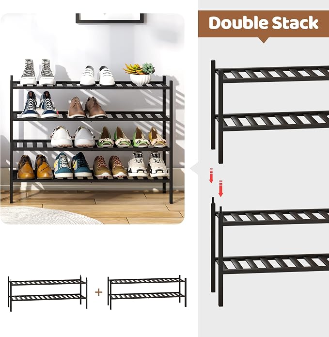 Bamboo Shoe Rack Stackable Shoe Shelf Storage Organizer for Unit Entryway Hallway and Closet Sturdy Freestanding Shoe Shelf (4L Tier Black)