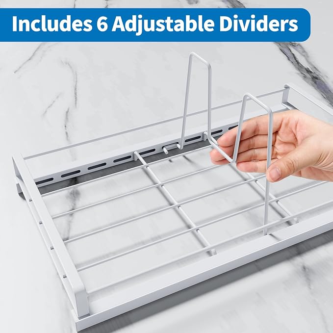 Food Container Lid Organizer, Adjustable 6 Dividers Full-Metal Pot and Pan Organizer Rack for Kitchen Cabinets, Drawers, Cupboards, Pantry Shelves Storage, White