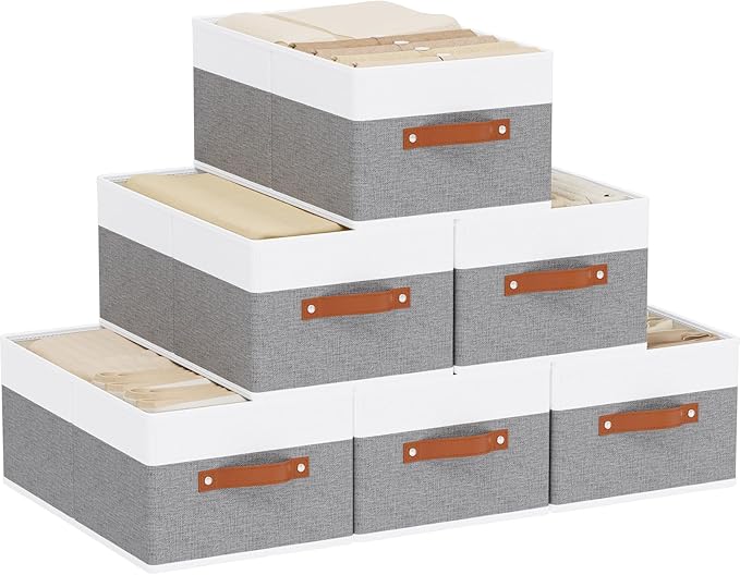 Storage Bins Organizers,18.5×11×7.9In,White/Grey Boxes,6Pack | Clothing Storage Baskets,Fabric Closet Organizer,Foldable Containers with PP Plastic Board,Large Cubes for Clothes,Hat