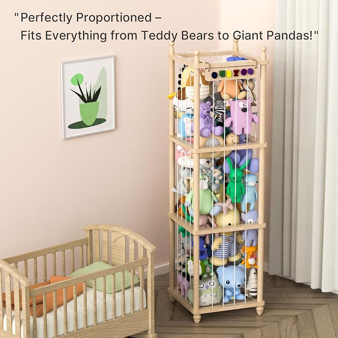 Stuffed Animal Storage Zoo, 57" Tall Solid Pine Wood Toy Organizer with Exclusive 3D Sign, Large Vertical Plushie Cage Holder with Elastic Cords for Playroom Corner & Nursery Decor XL