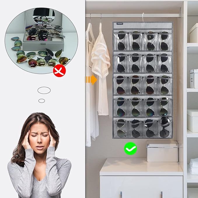 Dual Sided Hanging Sunglasses Organizer Storage Wall Mounted Eyeglasses Holder Eyewear Display Case with 40 Clear Slots (40 Pockets-Grey)