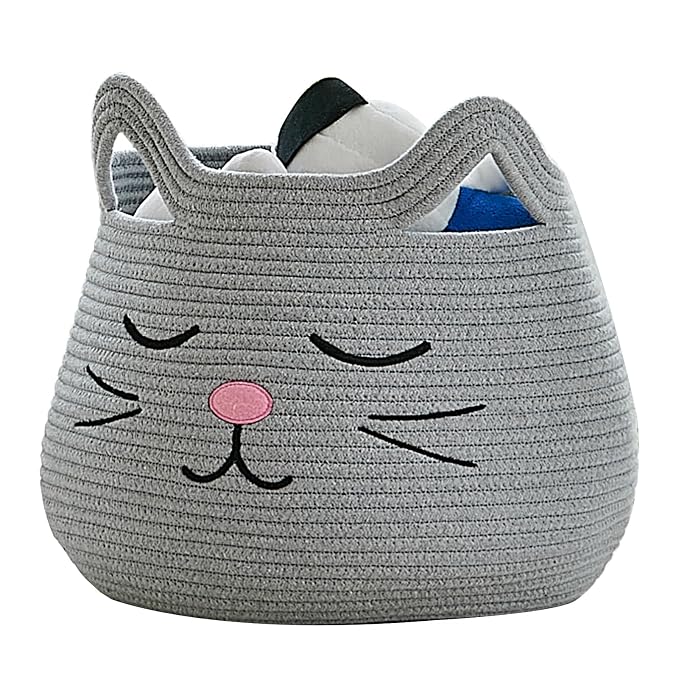 VK VK·LIVING Animal Baskets Large Woven Cotton Rope Storage with Cute Cat Design and Handles, Cat Toy Box Laundry Organizer for Towels, Blanket, Toys, Clothes, Gift for Pet or Baby Baskets 15"D x 14"H