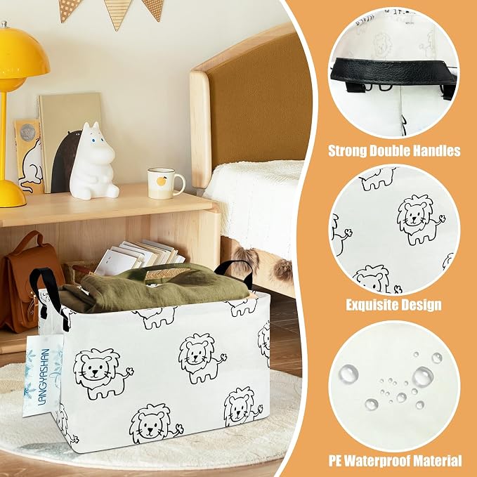 Rectangular Collapsible Lion Storage Basket Nursery Organizer | Storage Bin Foldable Canvas with Handles for Organizing Home Kitchen Children Toys Office Closet Shelf Baskets