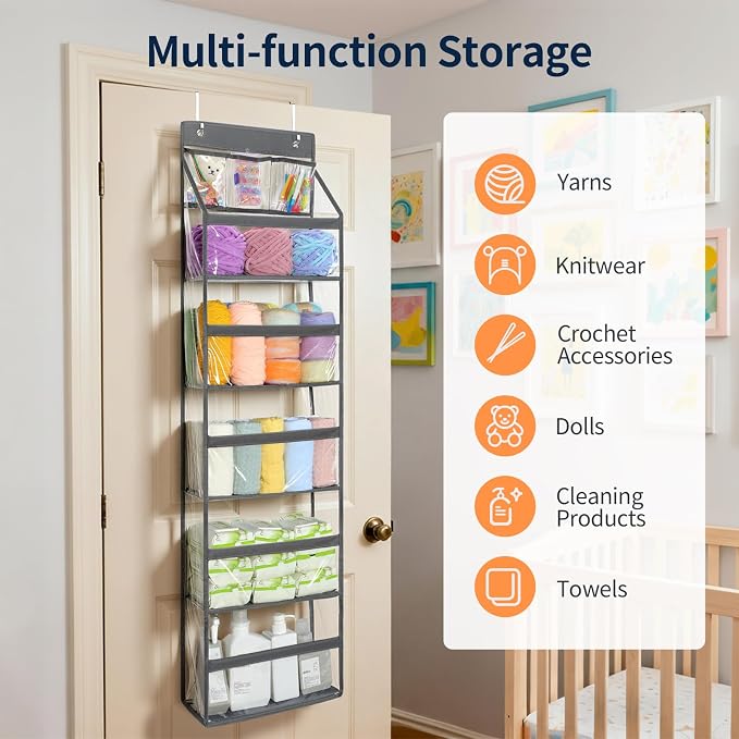 Yecaye 6 Tier Clear Over the Door Organizer, 5 Large PVC Pockets Door Hanger Organizer, 44lbs Capacity Closet Storage for Clothes Stuffed Animals and Cosmetics, Bathroom Bedroom Nursery Dorm RV, Grey