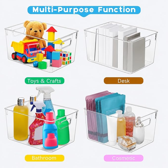 4 Pack Kitchen Organizers - Clear Plastic Storage Bins for Fridge, Pantry, Cabinet, Countertops and Bathroom