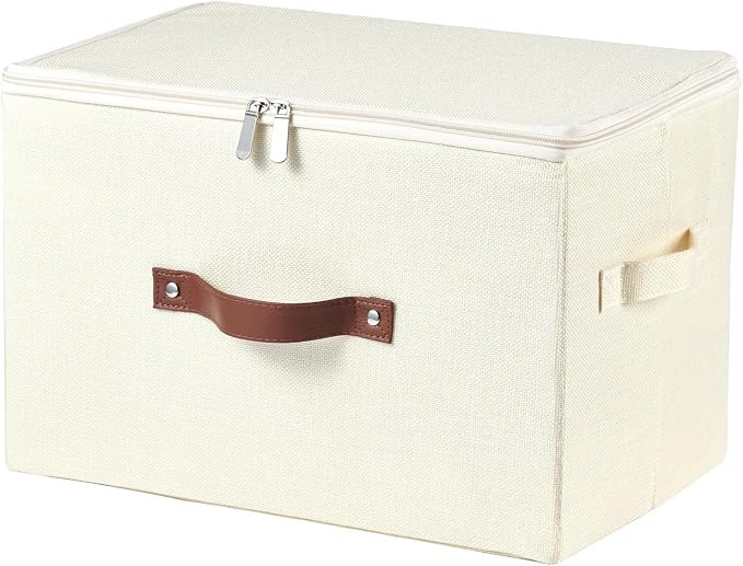 Storage Bins with Zipper Lid Cotton Linen Fabric Lidded Storage Baskets Boxes Foldable Washable Closet Shelf Clothes Organizer Container with PU Leather Handles (Beige, Large Size)