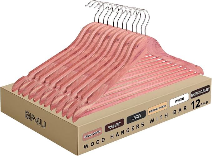Quality Wooden Clothes Hangers, Solid Wood Suit & Coat Hangers with Pants Bars, Swivel Hook, Shoulder Notches, Heavy Duty Hangers for Shirts, Jackets, Dresses & Trousers(Cedar Wood/12-Pack)