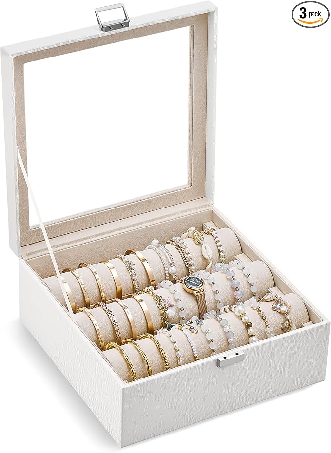 Lolalet Bracelet Display Holder with Rods for Bangles Watches, Clear Lid Jewelry Organizer Box Storage Case for Women Girls -White, 3 Rolls