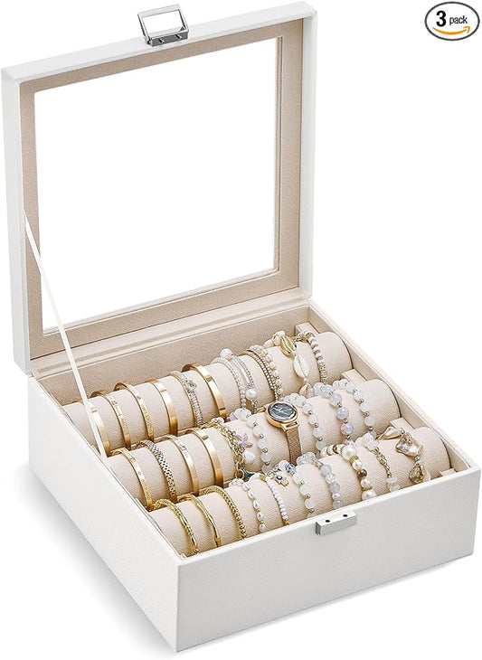 Lolalet Bracelet Display Holder with Rods for Bangles Watches, Clear Lid Jewelry Organizer Box Storage Case for Women Girls -White, 3 Rolls