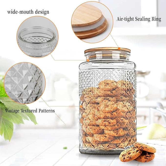 Prettidecor 1 Gallon Large Airtight Glass Storage Jars with Bamboo Lid, Kitchen Pantry Bathroom Laundry Room Organizer Canisters for Flour, Sugar, Cookie, Pasta, Rice, Snack, Coffee Bean, Cereal