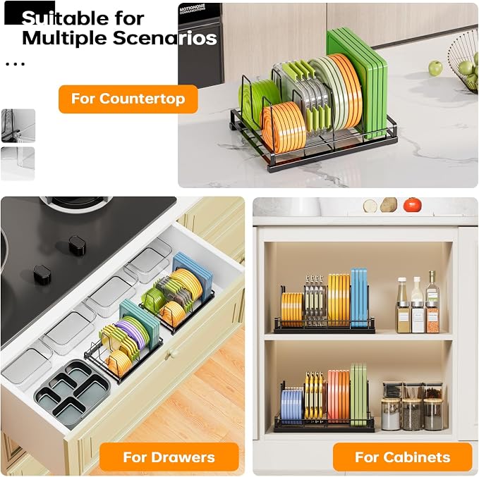 Lid Organizer for Inside Cabinet, Metal, 11" X 7.87" | Food Container Lid Organizer, 5 Adjustable Dividers, Lid Storage Organizer for Kitchen,Cupboard, Cabinets, Pantry, Drawers