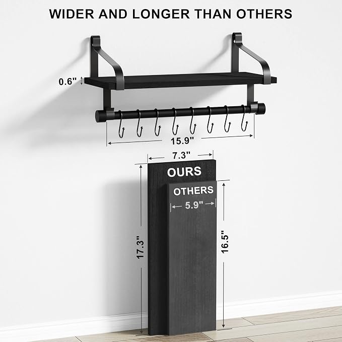 Love-KANKEI 17.3" Floating Wall Shelf Solid Wood/Bracket,Coffee Bar,Black | Spice Rack,Towel Bar/8 Hooks,40 Lbs/shelf,Easy to Install,For Kitchen,Bathroom,Living Room,Bedroom,Office,Entryway Display