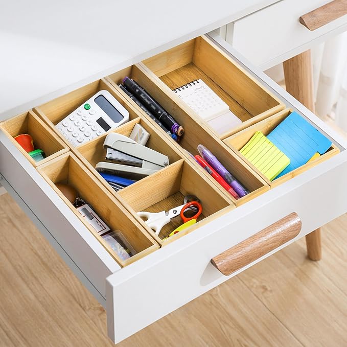 Youeon Set of 6 Bamboo Drawer Organizer Storage Box, Adjustable Cutlery Drawer Organizer, Silverware Organizer Multi-Use for Office, Home, Kitchen, Bedroom, Bathroom
