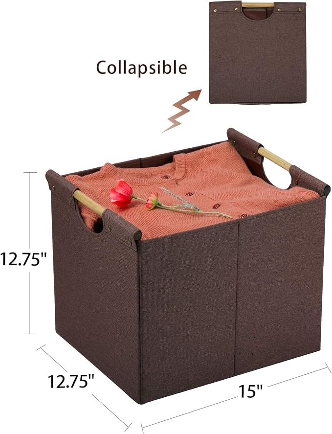 HOONEX Large Collapsible Storage Bins, Linen Fabric, 2 Pack, Storage Baskets with Wooden Carry Handles and Sturdy Heavy Cardboard, for Home, Office, Car, Nursery, Brown