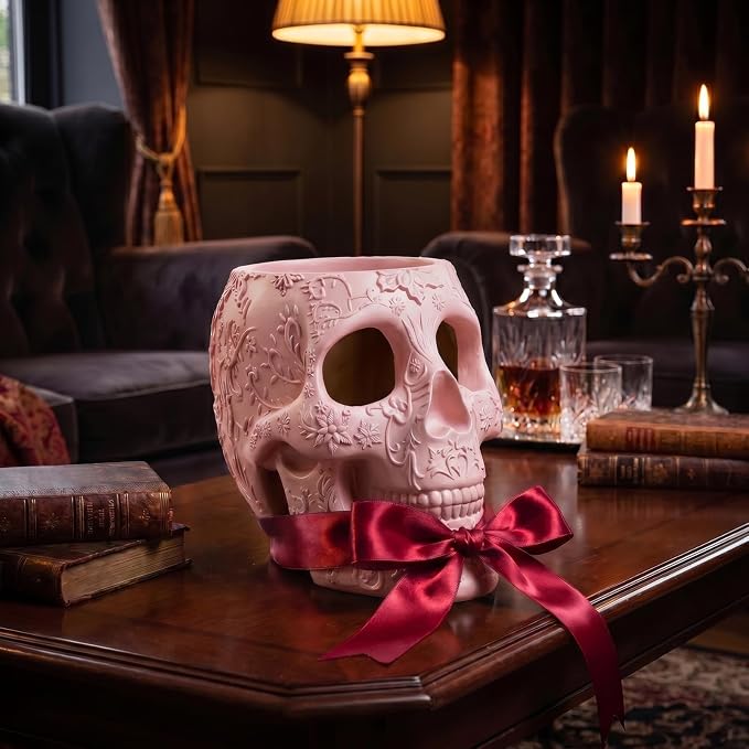 Skull Makeup Brush Holder, Pen Holder, Vanity, Desk, Office Organizer, Stationary, Decor Planter, Candy Bowl, Goth Decorations, Extra Large, Skulls Gothic Skull & Bones Organizer Bathroom (Cloud Pink)
