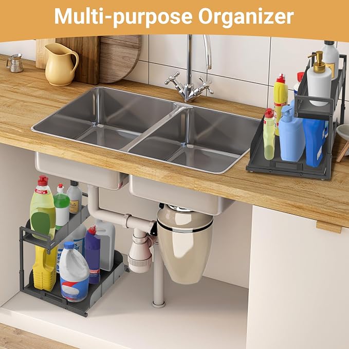 Under Kitchen Sink Organizer, 2 Tier Metal Pull Out, 2 Pack | Sliding Drawer, Heavy Duty, Bathroom Organizers and Storage Shelf, For Home, Laundry, Office