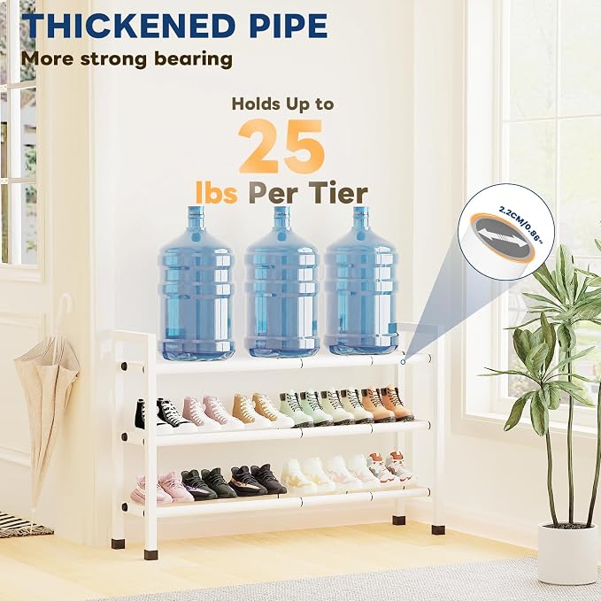 Mavivegue 3-Tier 19"-43.3" Adjustable Shoe Rack for Closet,Expandable Shoe Rack, Hall Entryway,Front Door,Garage, Sturdy Steel Space-Saving Rack, White