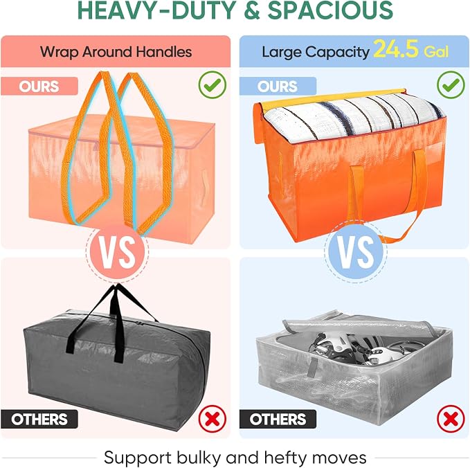 BALEINE 4-Pack Oversized Moving Bags with Reinforced Handles, Heavy-Duty Storage Tote for Clothes, Moving Supplies (Orangel, 4-Pack)