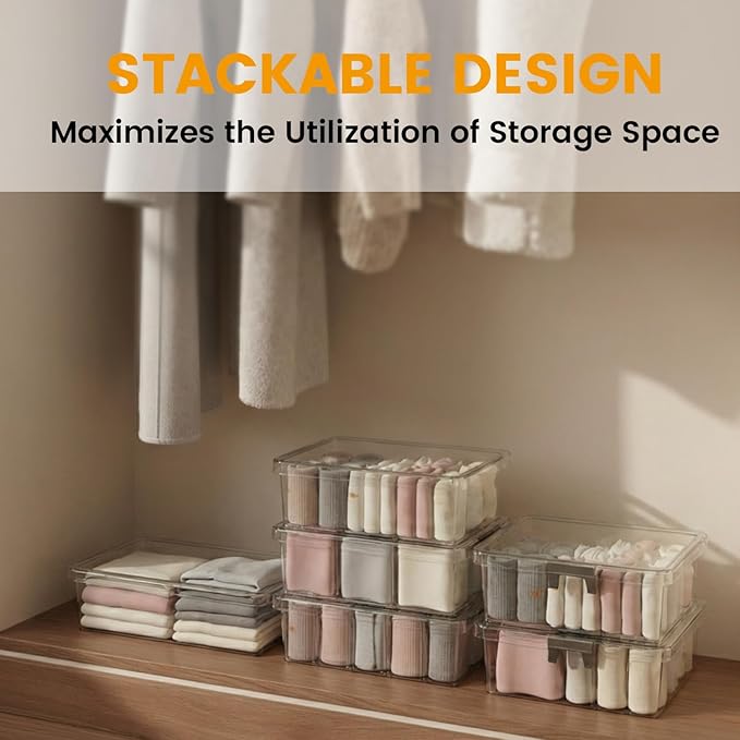 Socks Bra Underwear Drawer Organizer for Closet, 2 PCS Plastic Storage Box with 9 Removable Compartments and Lid, Clear Dresser Drawer Organizer Storage Container with Dividers for Sock Ties Belts