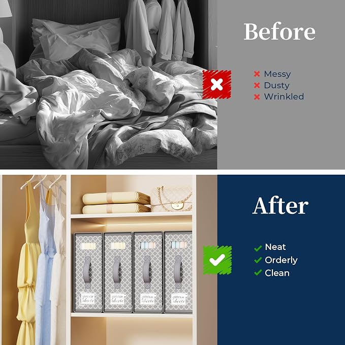 Yecaye 4 Pack Bed Sheet Organizers and Storage (King & Queen Size), Foldable Sheet Set Organizer With Clear Window and Label, Bedding Storage Box Container for Blanket, Duvet Cover, Bed Sheet