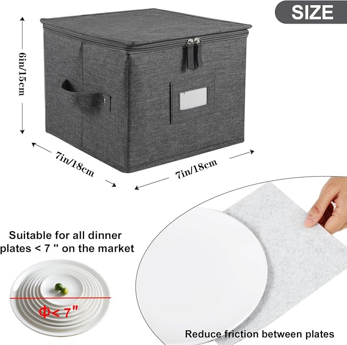 popoly 7" Saucer Storage Case 2 Pack, China Storage Container with 24 Felt Dividers for Bowls and Appetizer Plates, Stackable with Hard Shell on all sides (Grey)