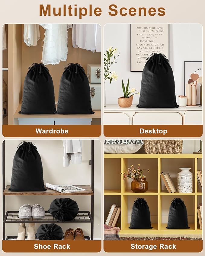 2 Pcs Shoe Bags for Travel, Dust Velvet Bags, Black Beauty, 17.3x12.6 Inch | Washable & Reusable Travel Shoe Bags, Dustproof Shoe Bags with Drawstring Closure, Suitable for Travel, Home Storage