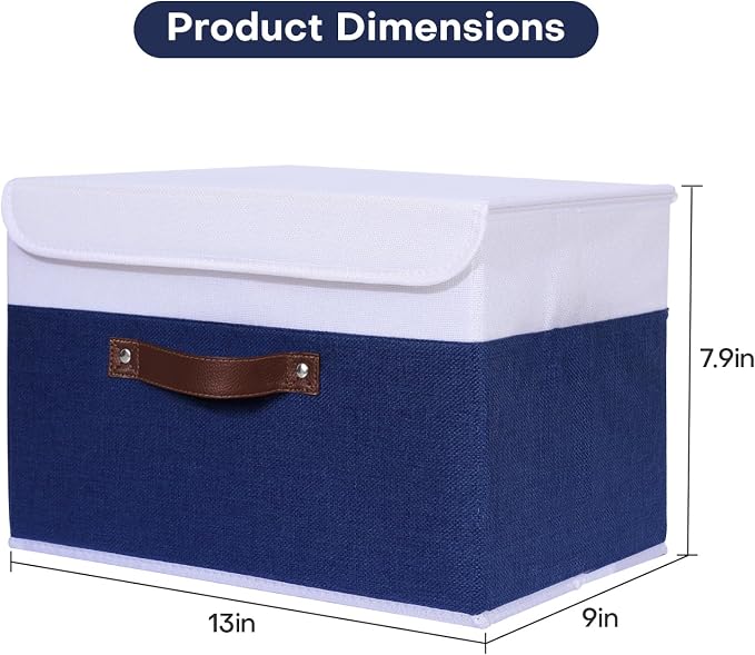 ANMINY 2PCS Storage Boxes with Lids Washable Decorative Storage Bins Basket with PU Leather Handle Foldable Linen Fabric Storage Cubes Containers for Home Closet Organizer - Deep Blue White, Medium