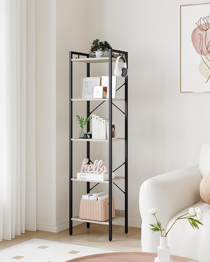 Hzuaneri Bookshelf, Book Shelf, Industrial Bookcase with 2 Hooks, Coner Shelf Storage Organizer for Home Office, Living Room, Bedroom, Kitchen, 5-Tier Greige BC10505B