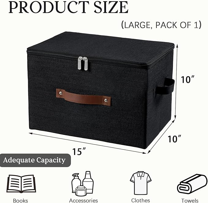 Storage Bins with Zipper Lid Foldable Fabric Lidded Storage Boxes Baskets Cubes Washable Collapsible PU Leather Handle Cotton Linen Fabric Shelf Closet Organizer Container(Black, Large Size)