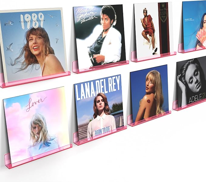 Vinyl Record Wall Mount Shelves, 12 inch Vinyl Holder, 8 Pack, Pink | Acrylic Floating Shelves for Album Record Storage Display, Wall Decor, Magazine Rack, Kids Bookshelf, Picture Ledge