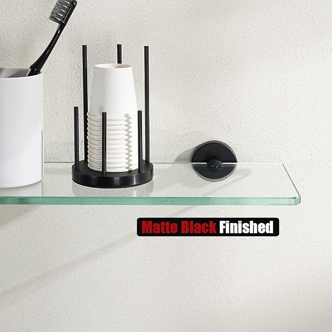 JQK Bathroom Glass Shelf Black, Tempered Glass Shower Storage 12 by 5 inches, 304 Stainless Steel Matte Black Wall Mount 2 Pack, TGS101L12-PB-P2