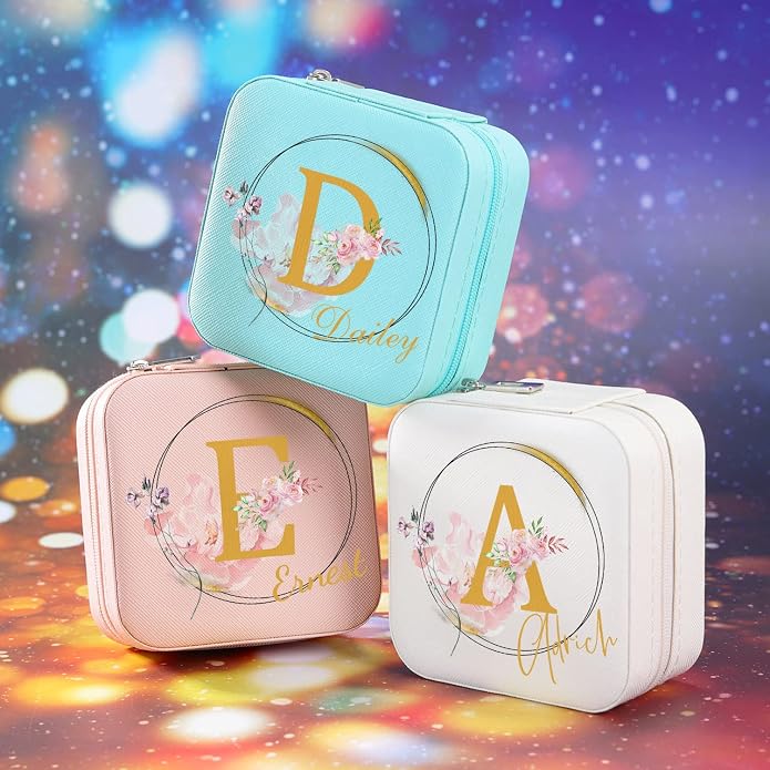 Bridesmaid Gifts Jewelry Box Personalized Small Jewelry Travel Case Custom PU Leather Portable Bridesmaid Proposal Boxes Mini Jewellery Organizer Storage Earrings Rings Necklaces for Women Girls-Pink