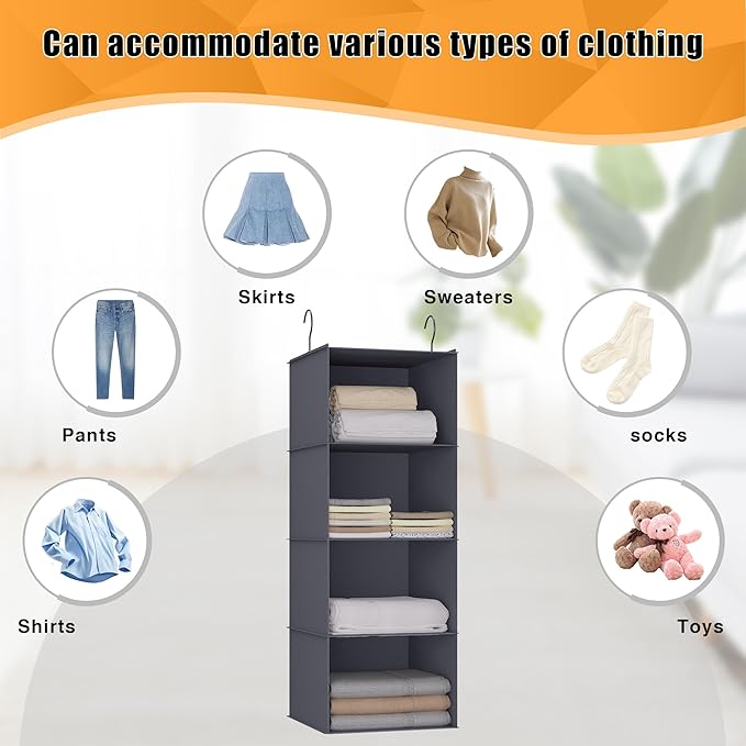 Hanging Closet Organizer 4-Shelf, Oxford Fabric Wardrobe Storage, Dark Grey | Easy-mount foldable design holds clothes, handbags, shoes & accessories; washable Oxford fabric, sturdy and space-saving.