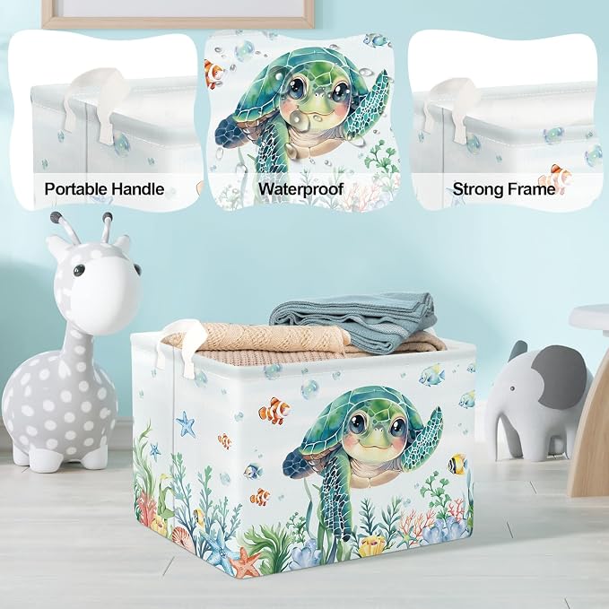 Clastyle Large Fish Sea Turtle Baby Basket Ocean Coral Seaweed Starfish Toy Book Shelf Basket Waterproof Pool Toy Beach Towel Storage Bin Collapsible Dirty Clothes Hamper, Blue, 40 * 30 * 30 cm