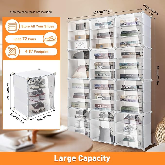 12Pcs 3-Layer Shoe Storage Box, Foldable Shoe Organizer Boxes Capable of Holding 72 Pairs, Plastic Shoe Organizer with Transparent Cover, Free Standing Shoe Rack Expandable for High Heels, Boots
