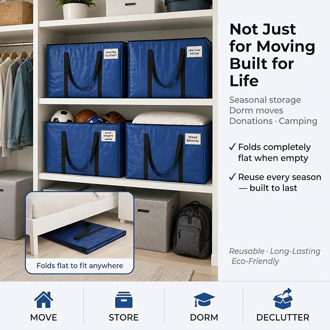 ClearSpace Heavy Duty Moving Bags or Storage Bag – Large Moving Boxes with Backpack Straps, Zippers & Handles – Perfect for Moving, College Dorm, Traveling, Camping, Christmas Decorations, 6 Pack