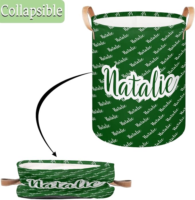 Personalized Laundry Basket, Custom Gift Laundry Hamper, Collapsible Nursery Waterproof Laundry Baskets, Dirty Clothes Toy Hamper with Handles Name Dark Green