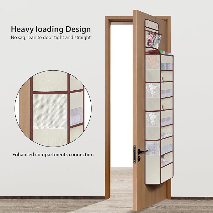 Univivi Over The Door Organizer - Wall Mount Hanging Organizer with 5 Large Compartments, 2 Small PVC Pockets and 8 Mesh Side Pockets for Cosmetics, Toys and Sundries (Beige)