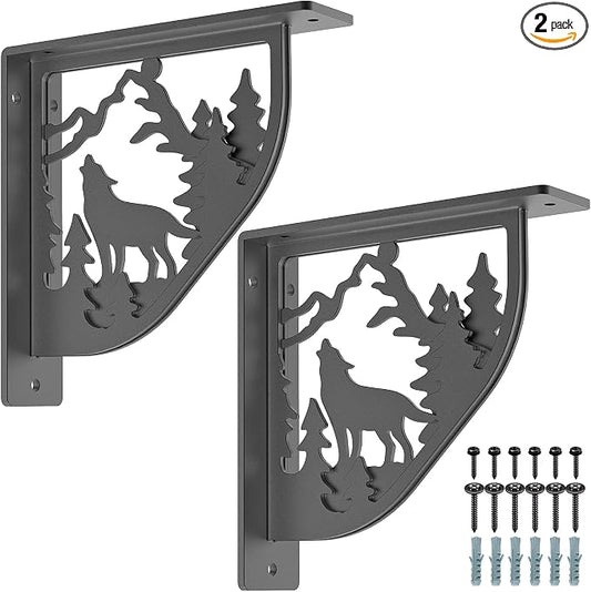 SELEWARE Black Heavy Duty Shelf Brackets, L 8" x H 8" x W 2" Wall Mount Decorative Shelving Brackets, 1/5" Thick Metal L Brackets with Mounting Hardware for DIY Floating Shelf (Wolf, 2 Pack)