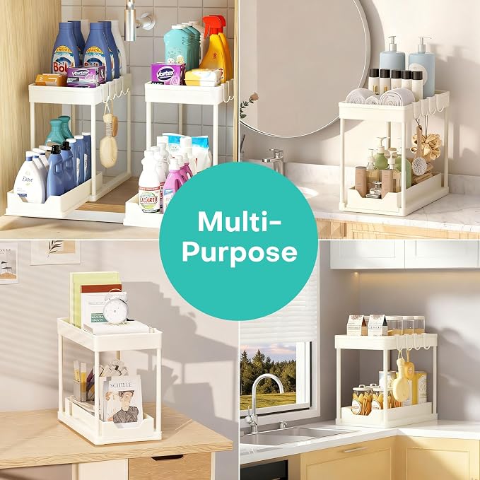 Under Sink Organizers and Storage 2 Pack, Pull-Out Sliding Cabinet Organizer with 2-Tier Storage Shelf & 4 Hooks, Multi-Purpose for Kitchen & Bathroom (13 Inch, White)
