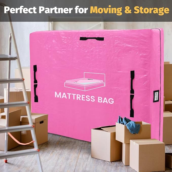 Mattress Bags for Moving and Storage, BETU Twin Mattress Protector Waterproof Mattress Cover with 8 Heavy Duty Handles and Zipper Extra Thick Moving Supplies for Dorm Bed Reusable (77x42x13.5 Pink)