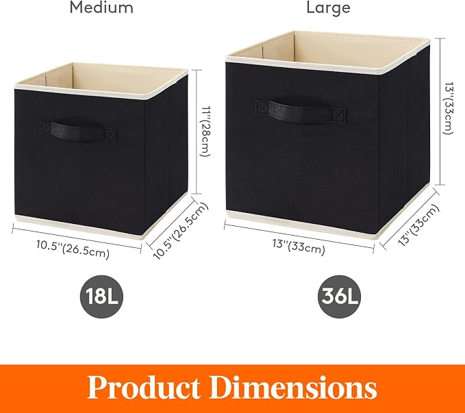 Lifewit Storage Cubes, Foldable Decorative Fabric Storage Baskets for Organizing Home Organizers with Handles for Shelves, Closet, 13 Inch Bins, 36L Black, 12 Packs