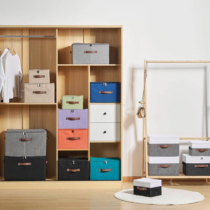 Storage Boxes with Zipper Lid Cotton Linen Fabric Lidded Storage Bins Baskets Foldable Washable Closet Shelf Clothes Organizer Container Faux Leather Handles (Gray White, Large)