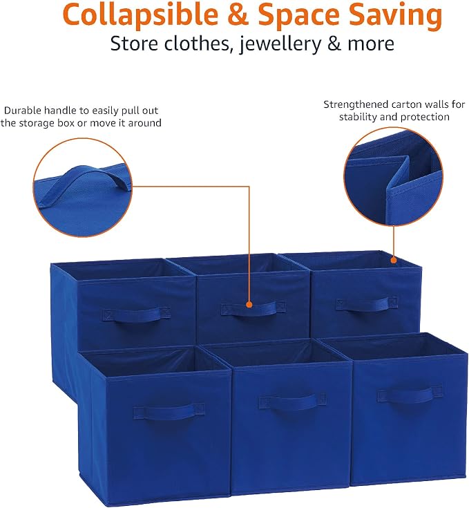 Amazon Basics Collapsible Fabric Storage Bins with Handles, Cube Organizer for Home Organization, 10.5"x10.5"x11", Navy, 6 Count (Pack of 5)