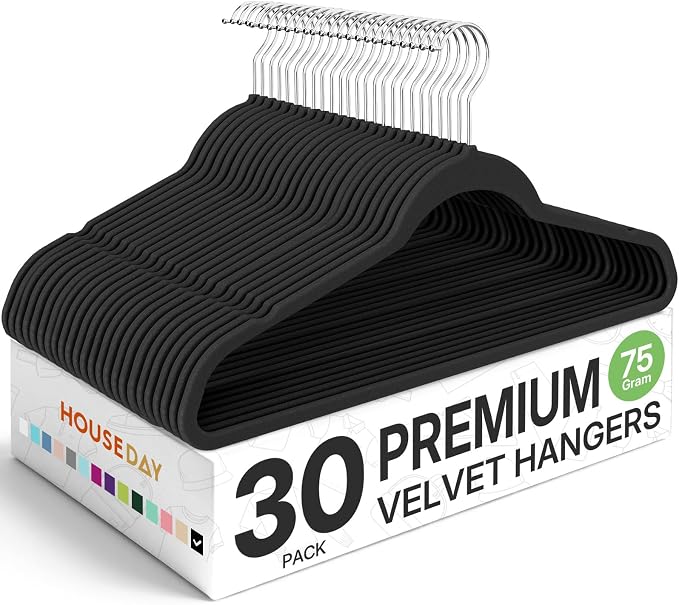 HOUSE DAY Premium Velvet Hangers 30 Pack Black, Non-Slip Flocked Felt Hangers, Sturdy Clothes Hanger with 360° Rotatable Hook, Heavy Duty Durable Slim Coat Hanger for Closet Space Saving