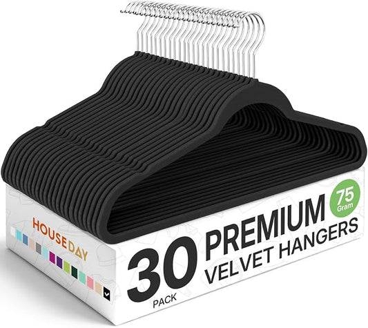 HOUSE DAY Premium Velvet Hangers 30 Pack Black, Non-Slip Flocked Felt Hangers, Sturdy Clothes Hanger with 360° Rotatable Hook, Heavy Duty Durable Slim Coat Hanger for Closet Space Saving