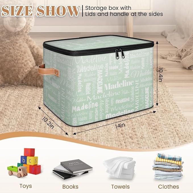 Custom Storage Basket with Name, Personalized Keepsake Box with Zipper Lid, Foldable Fabric Memory Bin Large capacity with Handle Green